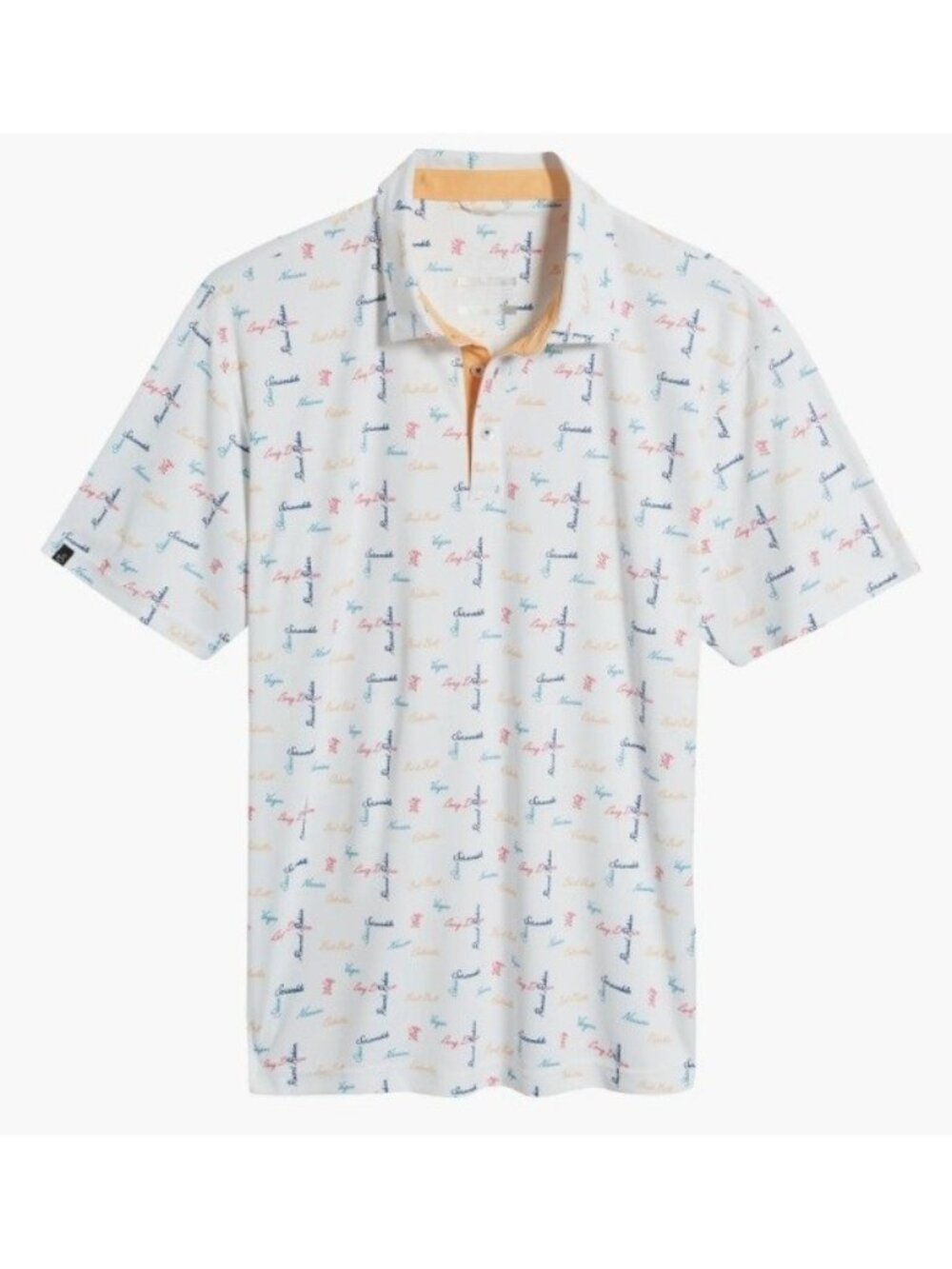 NEW Swannies Men's LARGE Barber Golf Polo Shirt  White Multicolor Script Print